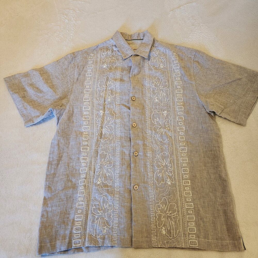 Tommy Bahama Hana Rue Linen Camp Shirt Men's Medium Embroidered Micro Check